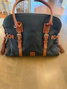 Dooney & Bourke Black Pebble Leather Satchel with Brown Trim